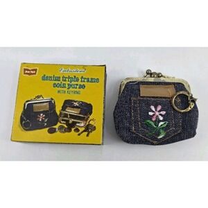 Vintage Jean Style Embroidered Denim Triple Frame Coin Purse Lock Keyring 1974